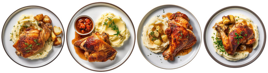 top view of plates with roast chicken and mashed potatoes