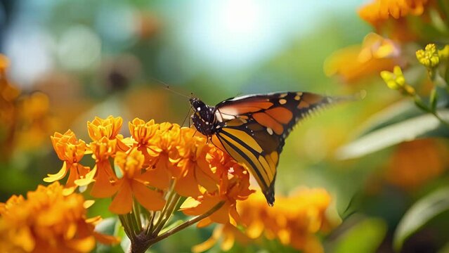 A delicate Monarch erfly resting on a bright orange milkweed flower, symbolizing the remarkable migratory journey these endangered insects undertake and the campaign to preserve their vital