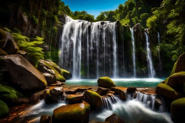 Fototapeta premium Crystal Cascade: A mesmerizing waterfall with pristine water gushing down from rocky heights, surrounded by lush greenery