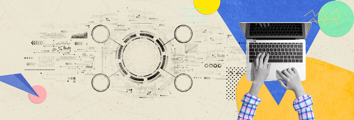 Tech circle with person using a laptop computer - Photo collage design