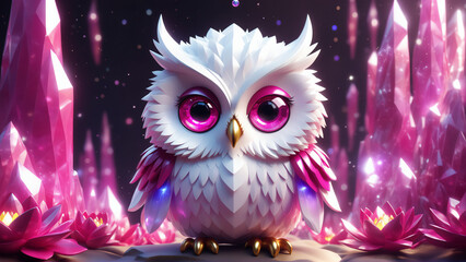 white fuchsia crystal owl #2 - obrazy, fototapety, plakaty