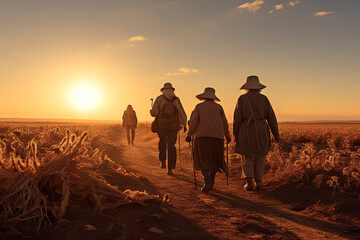 A group of tourists walking along a route in the desert at dusk.