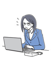 焦った表情のデスクワーク中のメガネの女性（シンプル）