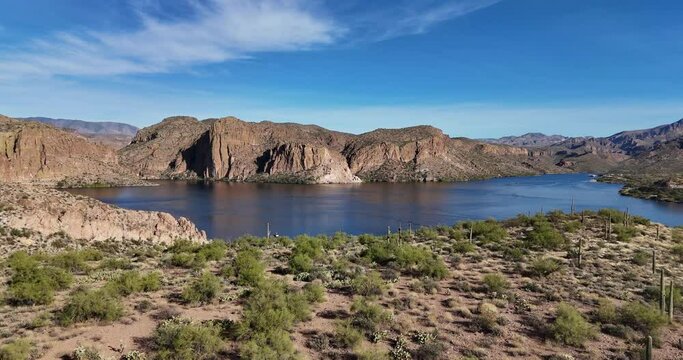 Aerial View of Lake with Mountains, Canyon Lake on the Apache Trail in Arizona, drone slowly moving forward