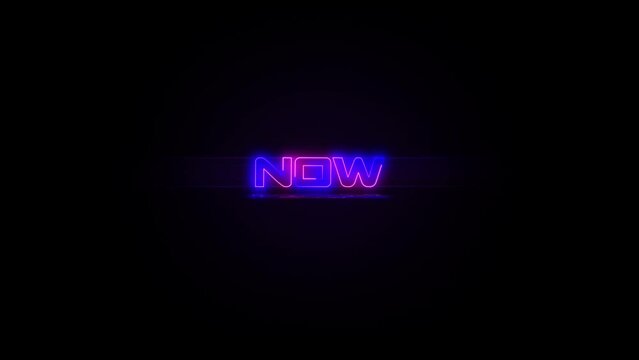 Flashing NOW electric blue and pink neon sign flashing on and off with flicker, reflection, and anamorphic lights in 4k.