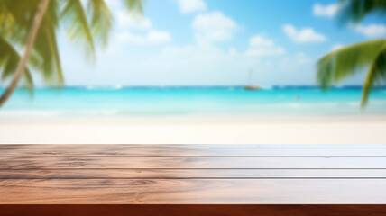 Tropical Beach Paradise on White Wooden Table , Summer Background
