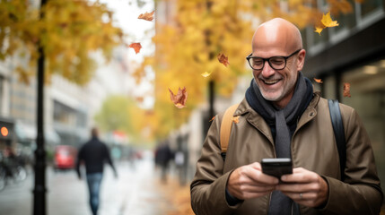 Senior man smiling confident using smartphone at autumn street