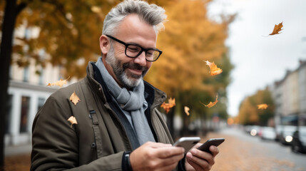 Senior man smiling confident using smartphone at autumn street