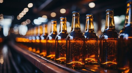 professional photograph of beer bottles on a long conveyor belt, - obrazy, fototapety, plakaty
