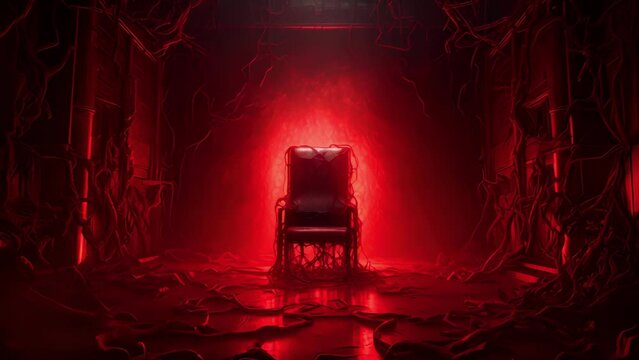 A disorienting web of wires metallic surfaces and LED lights interconnected in a steel chamber with a chair in the center cyberpunk ar