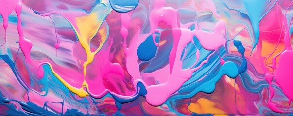 A vibrant street art graffiti background featuring drips of pink, magenta, blue, and yellow colors