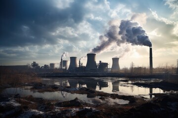 Cooling towers of a nuclear power plant at sunset. 3D rendering, Coal-fired power plant with plumes of smoke and steam rising from the cooling towers, AI Generated