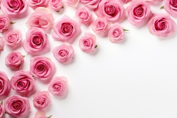 Beautiful pink roses on white background, flat lay. Space for text, Close-up of blooming pink roses flowers and petals isolated on a white table background with empty space, AI Generated