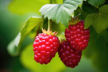 Ripe raspberries on a bush in the summer garden, Close-up of a loganberry plant with ripe loganberries growing in an organic garden, AI Generated