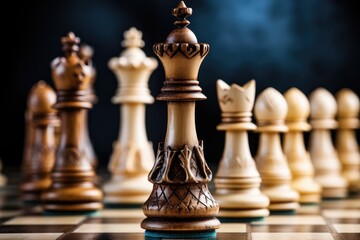 Chess pieces on a chessboard. The concept of business strategy, Closeup of chess pieces on the chessboard, AI Generated