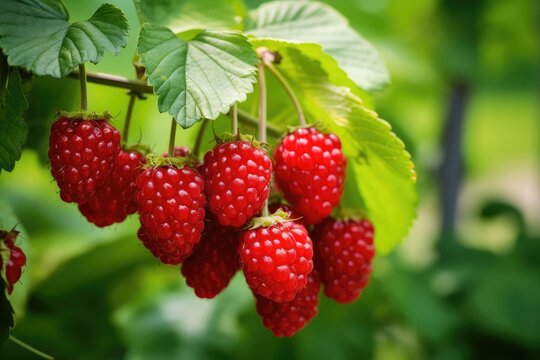 Ripe raspberries on a branch with leaves in the garden, Close-up of a loganberry plant with ripe loganberries growing in an organic garden, AI Generated