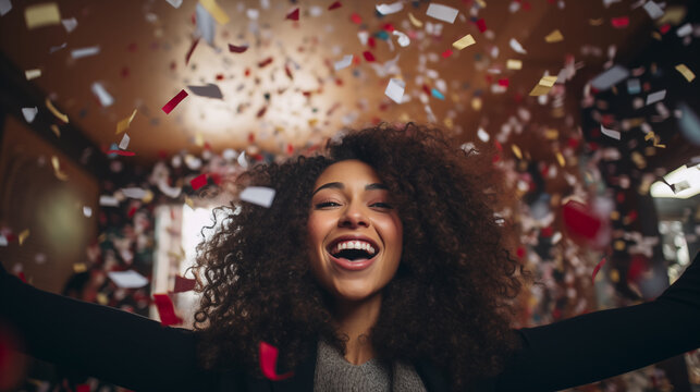 Happy Biracial Woman Celebrating in Confetti