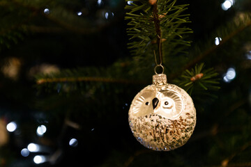 Christmas owl bulb is  hanged on the christmas tree