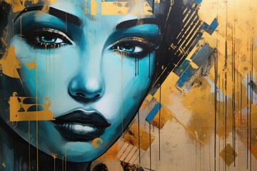 Portrait of a beautiful girl with blue eyes on an abstract background, Closeup painting on the wall with futurism, overturned princess, impressionism, gold, black, and aqua colors, AI Generated