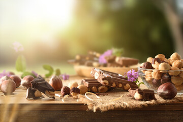 Detail of chocolate with hazelnuts on wooden table in field