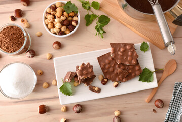 Freshly made chocolate with hazelnuts on white plate and tools
