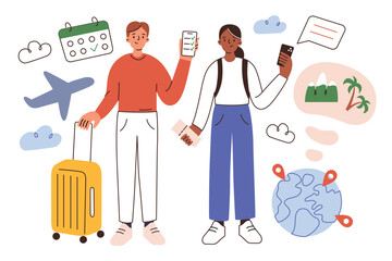 Family traveling on plane, diverse couple planning a trip to beach, hand drawn composition with tickets, globe, luggage, vector illustration of cartoon man and woman having vacation, using travel app