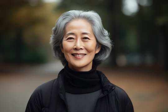 In a charming portrait, an Asian lady with grey hair exudes warmth and happiness, her smiling gaze directed towards the camera against a neutral grey backdrop.