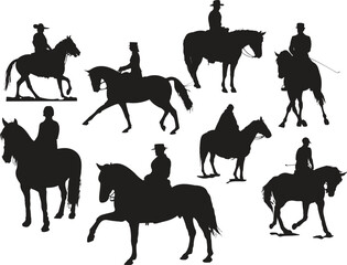 Eight  horse rider silhouettes. Vector illustration - obrazy, fototapety, plakaty