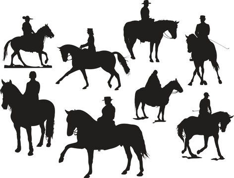 Eight  horse rider silhouettes. Vector illustration