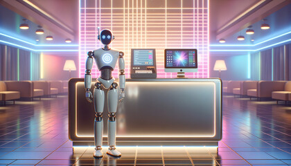 Futuristic AI Robot Concierge at Retro Hotel Check-In Desk - obrazy, fototapety, plakaty