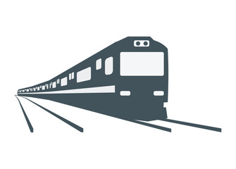 Diesel commuter train turning. Running on double track. Silhouette illustration in perspective view.