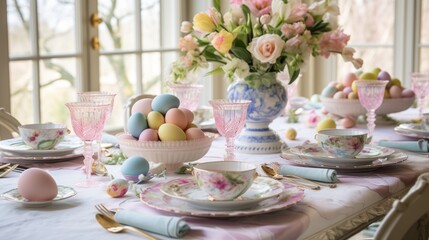 Fototapeta na wymiar A beautifully decorated Easter table with vibrant spring flowers, pastel-colored table linens, and elegant place settings. 