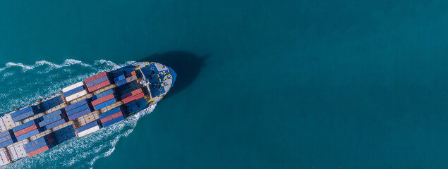 Aerial view container cargo ship maritime freight shipping by container cargo ship, Global business import export commercial trade logistic container cargo ship freight shipping. - obrazy, fototapety, plakaty