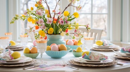 A beautifully decorated Easter table with vibrant spring flowers, pastel-colored table linens, and...