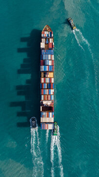 Aerial view container cargo ship maritime freight shipping by container cargo ship, Global business import export commercial trade logistic container cargo ship freight shipping.