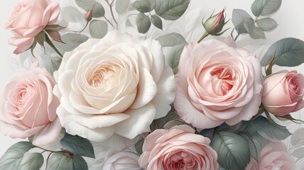 A Tapestry of Rose Flowers and Leaves Gracefully Unfolding on a Pure White Canvas.
