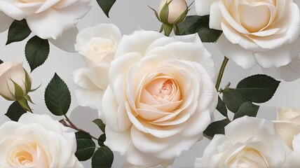 A Tapestry of Rose Flowers and Leaves Gracefully Unfolding on a Pure White Canvas.