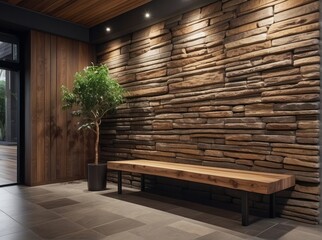 Wild stone cladding wall and wooden bench. Decorative tree trunks composition in rustic style