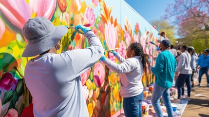 A group of friends painting a giant Easter mural on a community wall, their brushes creating a...