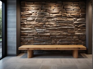 Wild stone cladding wall and wooden bench. Decorative tree trunks composition in rustic style