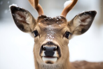 Naklejka premium close-up of a deers face with snowflakes on fur