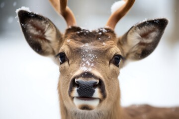 close-up of a deers face with snowflakes on fur