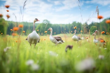 geese and turkeys roaming freely in a meadow