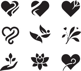 Black silhouette heart flat icon set isolated on white for Health care, wedding, Valentine day card.