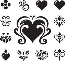 Black silhouette heart flat icon set isolated on white for Health care, wedding, Valentine day card.