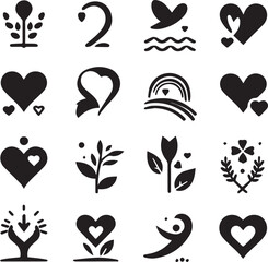 Black silhouette heart flat icon set isolated on white for Health care, wedding, Valentine day card.