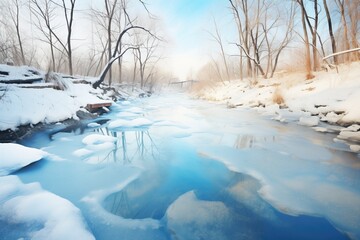 frozen river with clear blue ice sections