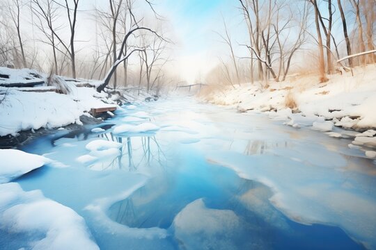 frozen river with clear blue ice sections