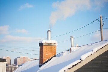snowy rooftop with chimney, smoke against clear blue sky - obrazy, fototapety, plakaty