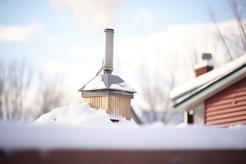 metal chimney exhaling steam on flat snowy roof - obrazy, fototapety, plakaty